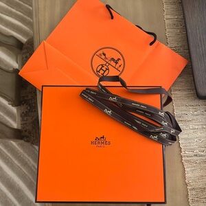 HERMES gift box (9.5”x10”x3”) with gift bag and ribbon